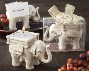 "Lucky Elephant" Antique Ivory-Finish Tea Light Holder Giftboxed